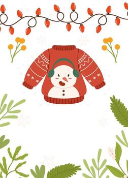 Festive Poster template frame featuring a red Christmas sweater with a snowman design, string lights, greenery, berries, and snowflakes on a white background. vector