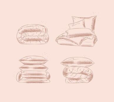 Blankets and pillows elements set with pillow, folded blanket, sheet for bedroom drawn in graphic style on beige background vector