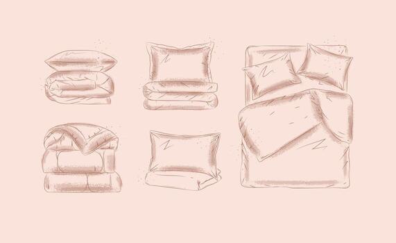 Bedding set with elements pillow, folded blanket, sheet, bed for bedroom drawn in graphic style on beige background vector