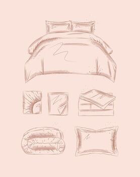 Bedding elements set with pillow, folded blanket, sheet, bed for bedroom drawn in graphic style on beige background vector