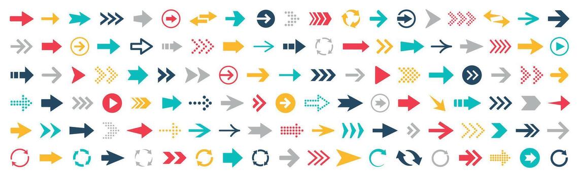 Arrow icons collection. Different colorful arrows, cursor silhouette, scroll, pointer. vector