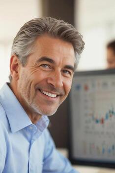 A senior manager man with a smile on his face is sitting in front of a computer monitor. He is wearing a blue shirt and he is happy photo