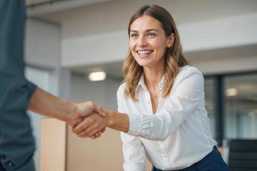 A woman shakes hands with a man in a business setting she is smiling and she is happy. Contract signing concept photo
