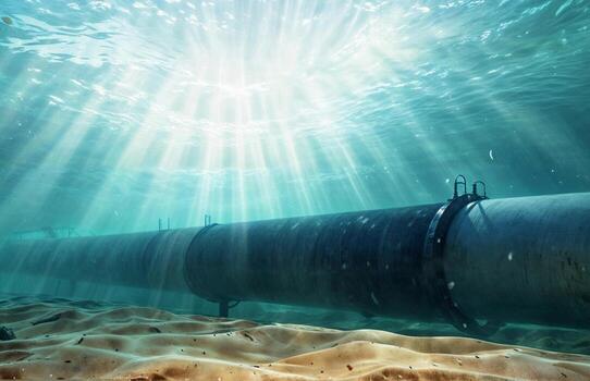 View of a massive underwater pipeline spanning across the ocean floor. Gas pipeline on the seabed of the ocean in the rays of sunlight breaking through the water photo
