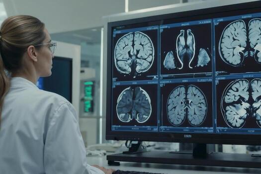 A woman neurologist is looking at a computer monitor with a brain scan on it. She is wearing a white lab coat photo