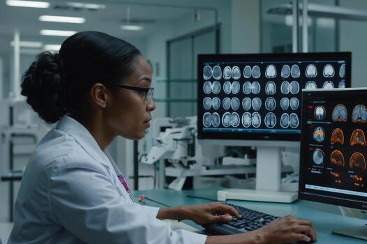 Serious African American doctor woman in a white lab coat is working on a computer with monitors displaying medical images brain photo