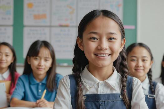 Asian girl in exercise notebook, smiles. Junior classroom with diverse group of children learning photo