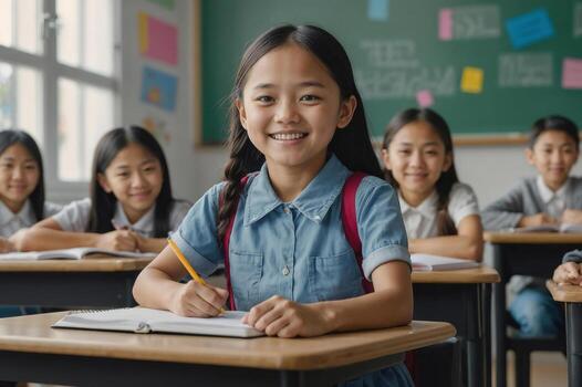 Group of Asian girls in exercise notebook, smiles. Junior classroom with diverse group of children learning photo