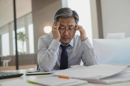 Asian man sitting at a desk with a stack of papers in front of him, a lot of work, overtime in office. He is wearing glasses and he is in a state of stress or frustration photo