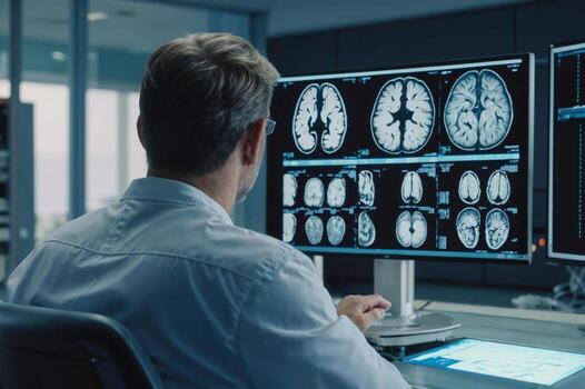 Neurologist man in a white lab coat is working on a computer with monitors displaying medical images brain. Back view photo