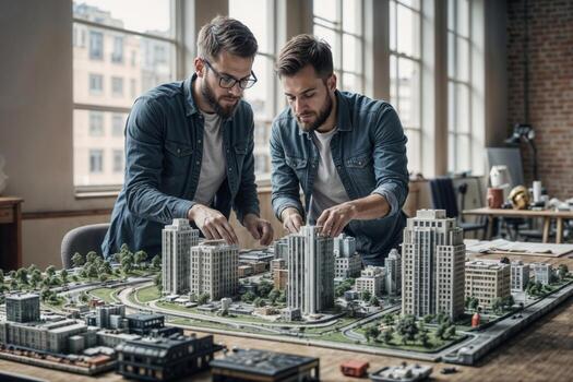 Portrait of two Caucasian men engineers architect are working on a model of an urban area in a creative architectural bureau in office. Concept of urban architecture design photo