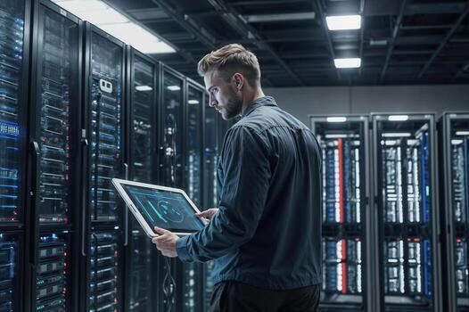 Male IT specialist between row of operational server racks in data center. Engineer uses tablet computer for maintenance photo