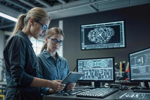 Two Female engineers with tablet computer. Team of industrial engineers, developers working on design photo