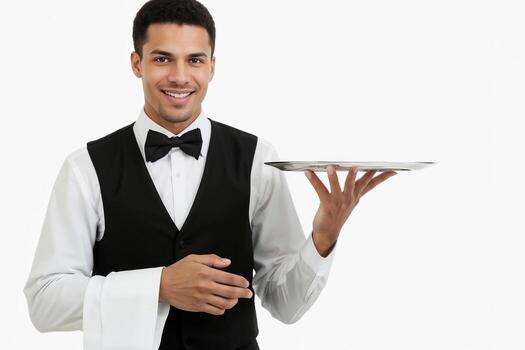 A waiter man in a black vest and bow tie is holding a tray isolated on white background. He is smiling and he is happy photo