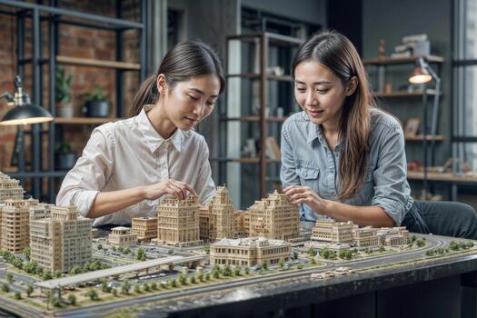 Portrait of two Asian women professional engineers architect are working on a model of an urban area in a creative architectural bureau in office. Concept of urban architecture design photo