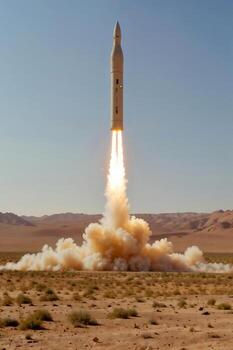Ballistic missile take off from mobile launcher in the open desert. photo
