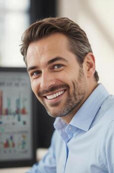 Portrait of happy businessman against white screen background with desktop computer charts in office photo