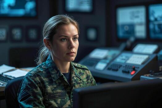 Face of serious female officer in green camouflage working in army central control and monitoring office for the management, technology and army communications photo