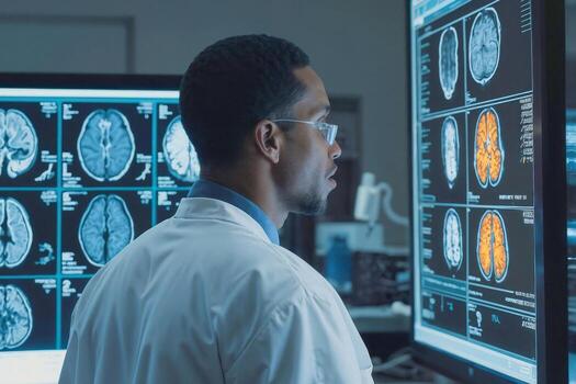 African American man neurologist is looking at a computer monitor displaying a series of brain scans. The computer monitor displays a variety of brain scans photo