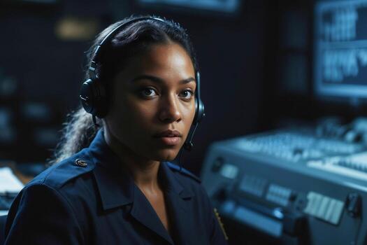 Face of serious black female naval officer in blue camouflage working in naval army central control and monitoring office for the management, technology and naval army communications photo