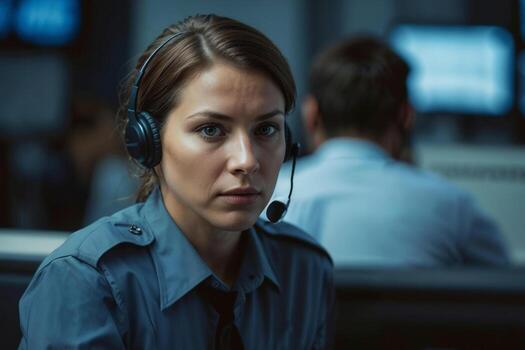 Face of serious female operator in a call center 911 talking on the phone in a busy police office environment photo