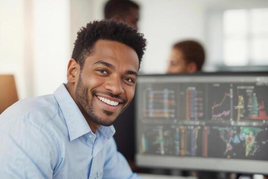 Portrait of happy African American businessman against white screen background with desktop computer charts in office photo