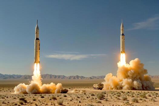 Two ballistic missiles take off from mobile launchers in the open desert photo
