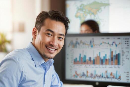 Manager man against white screen background with desktop computer charts in office photo