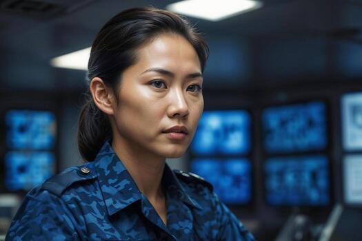Face of serious Asian female naval officer in blue uniform working in naval army central control and monitoring office for the management, technology and naval army communications photo