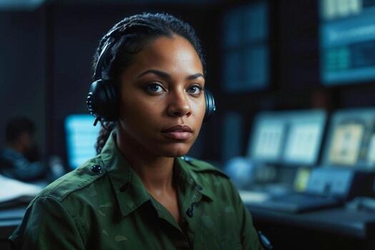 Face of serious black female officer in green camouflage working in army central control and monitoring office for the management, technology and army communications photo