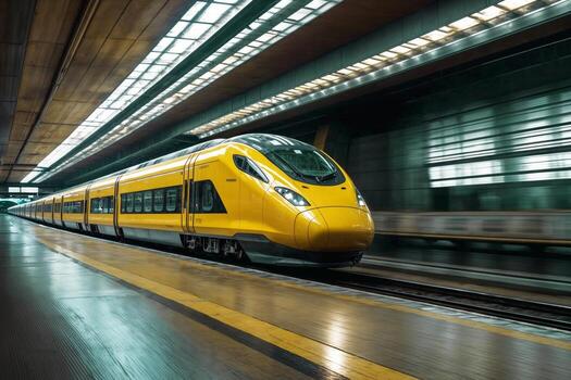 High-speed yellow train is moving through a tunnel. The train is long and has many windows. The tunnel is dark and the train is the only light source photo
