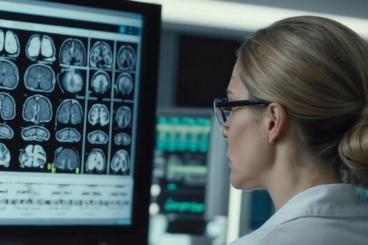 Woman neurologist is looking at a computer monitor displaying a series of brain scans. Back view photo