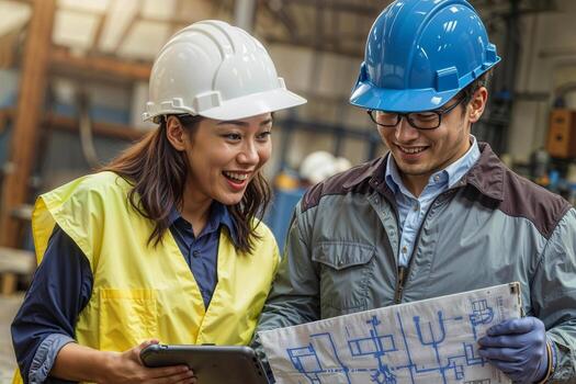 Portrait of engineer Asian man with work plan drawing and Asian woman factory worker with tablet and condemning work process at factory photo
