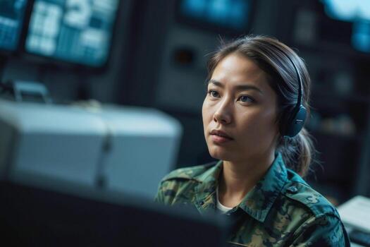 Face of serious Asian female officer in green camouflage working in army central control and monitoring office for the management, technology and army communications photo