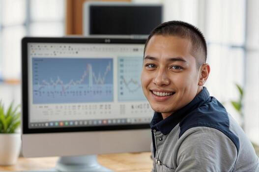 Portrait of happy Asian student in front of desktop computer photo