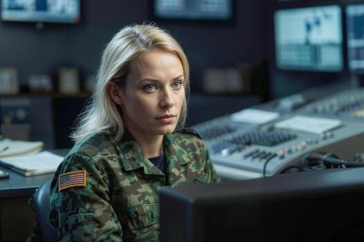 Portrait of serious female US officer in green camouflage working in army central control and monitoring office for the management, technology and army communications photo