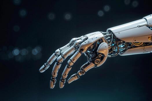 A robotic hand is shown in a black background. The hand is made of metal and has a metallic look to it. Concept of technology and innovation, as well as a futuristic feel photo