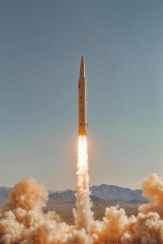 Ballistic rocket starts is flying through the sky with a lot of smoke coming out of it. The sky is clear and the sun is shining photo