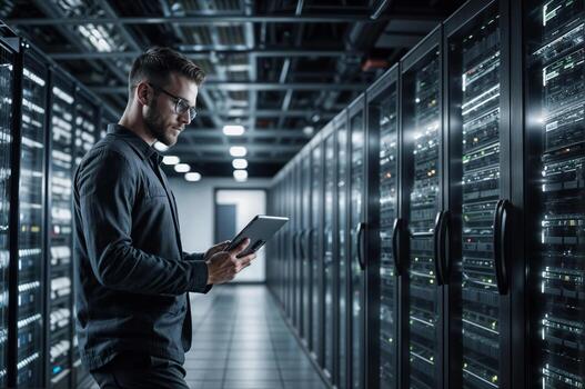 A man engineer wearing glasses is looking at a tablet in a large room full of computer servers. Concept of technology and work photo