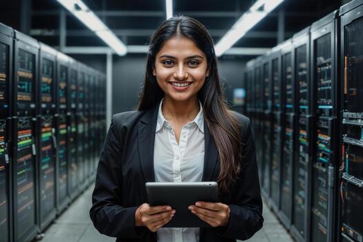 retrato de contento indio eso ingeniero mujer Entre fila de Operacional servidor, ella es vistiendo un negro chaqueta es participación un tableta en su mano foto