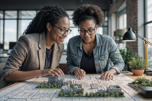 Portrait of two African American women engineers architect are working on a model of an urban area in a creative architectural bureau in office. Concept of urban architecture design. photo