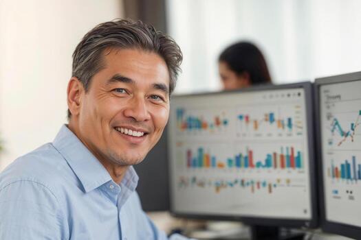 Portrait of happy Asian financial broker is smiling in front of a computer monitor with charts in office photo