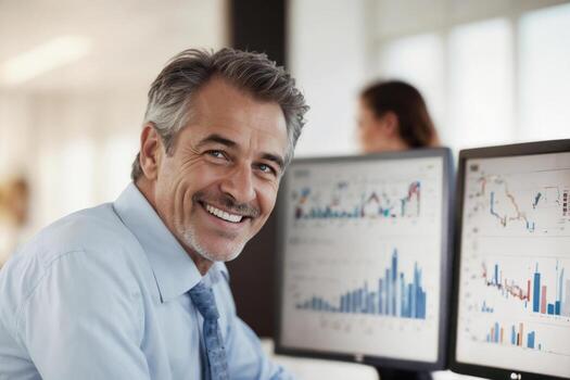 Financial broker is smiling in front of a computer monitor with charts in office photo