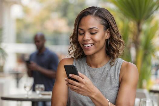 African American woman is sitting at a table in cafe and using smartphone for SMS. She is smiling and she is enjoying herself photo