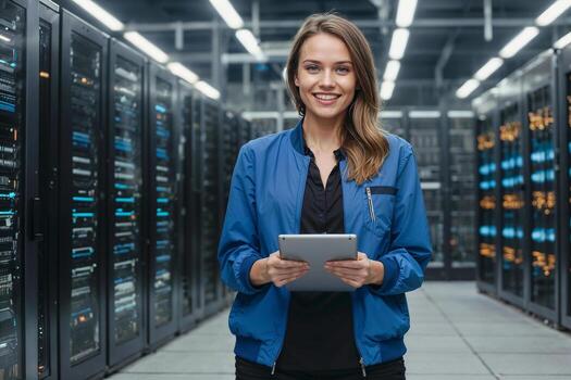 Technician specialist IT woman is standing in a large room with many computers and servers. She is holding a tablet and smiling photo