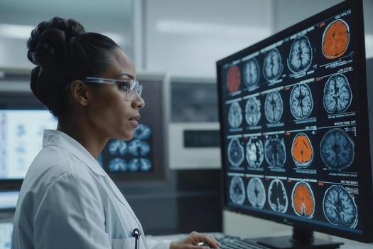 African American woman scientist in hospital a white lab coat is working on a computer with monitors displaying medical images brain photo