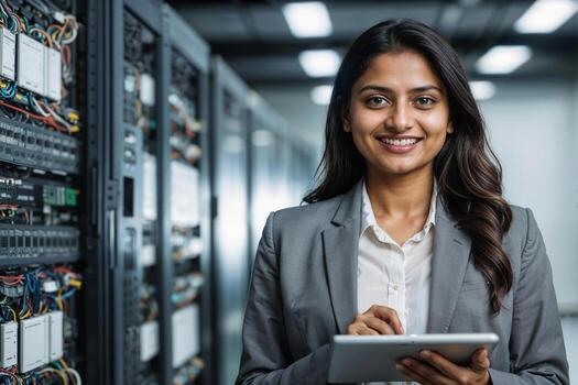 profesional eso ingeniero mujer Entre fila de Operacional servidor, ella es vistiendo un gris chaqueta es participación un tableta en su mano foto
