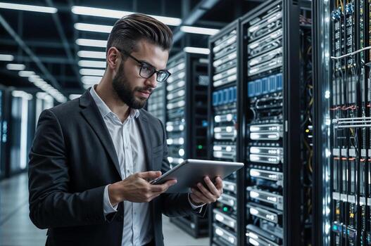 Portrait of male IT specialist between row of operational server racks in data center. Engineer uses tablet computer for maintenance photo