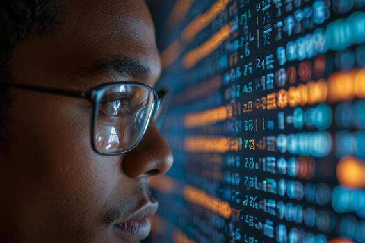 africano americano programador hombre vistiendo lentes es mirando a un computadora pantalla con un lote de números en él. concepto de tecnología foto