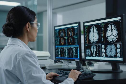 Asian woman scientist in hospital a white lab coat is working on a computer with monitors displaying medical images brain photo